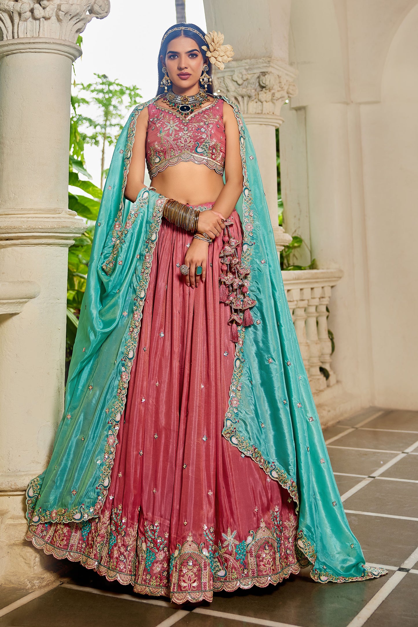 Pink colour Satin Sequins embroidery Lehenga choli & Dupatta