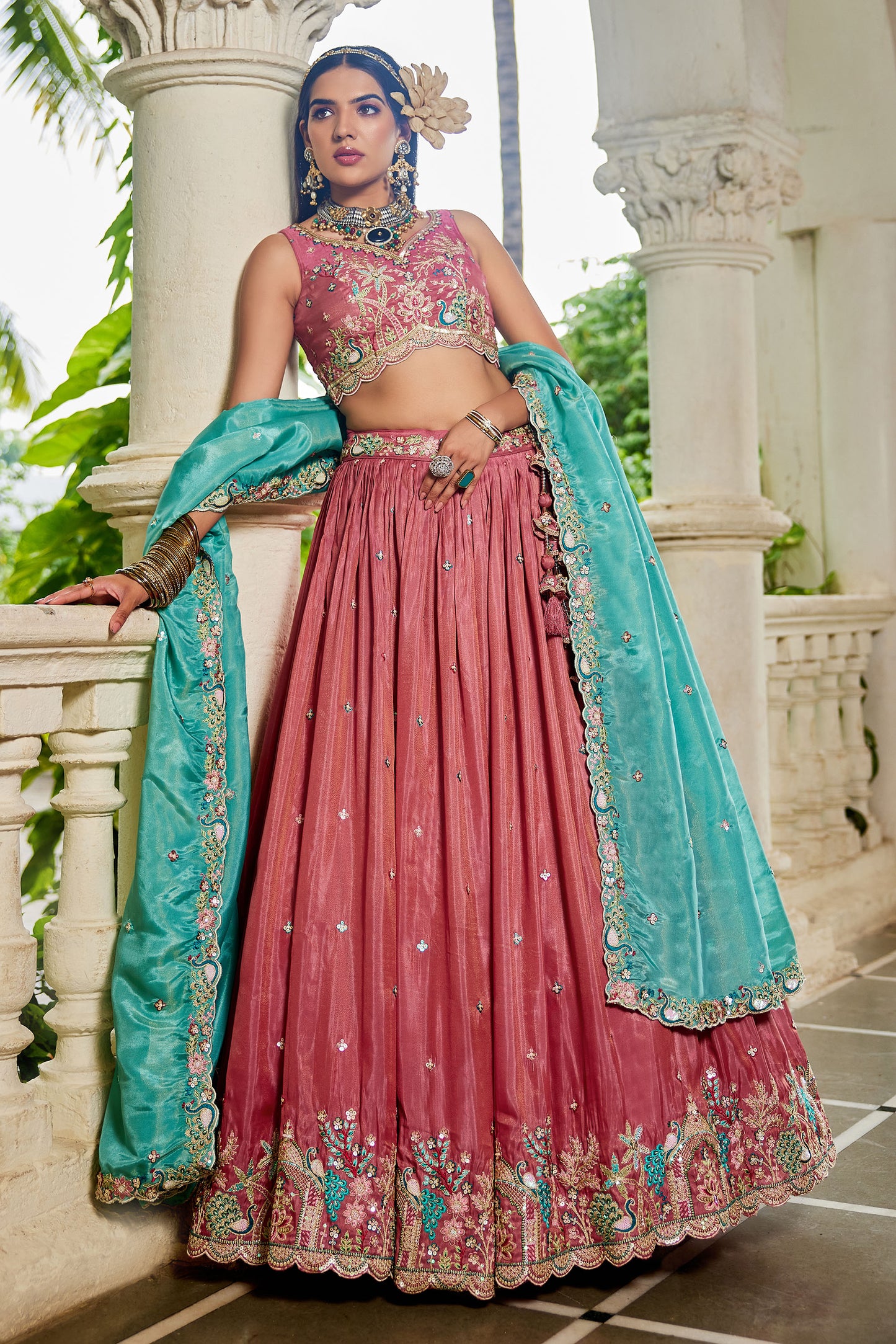 Pink colour Satin Sequins embroidery Lehenga choli & Dupatta