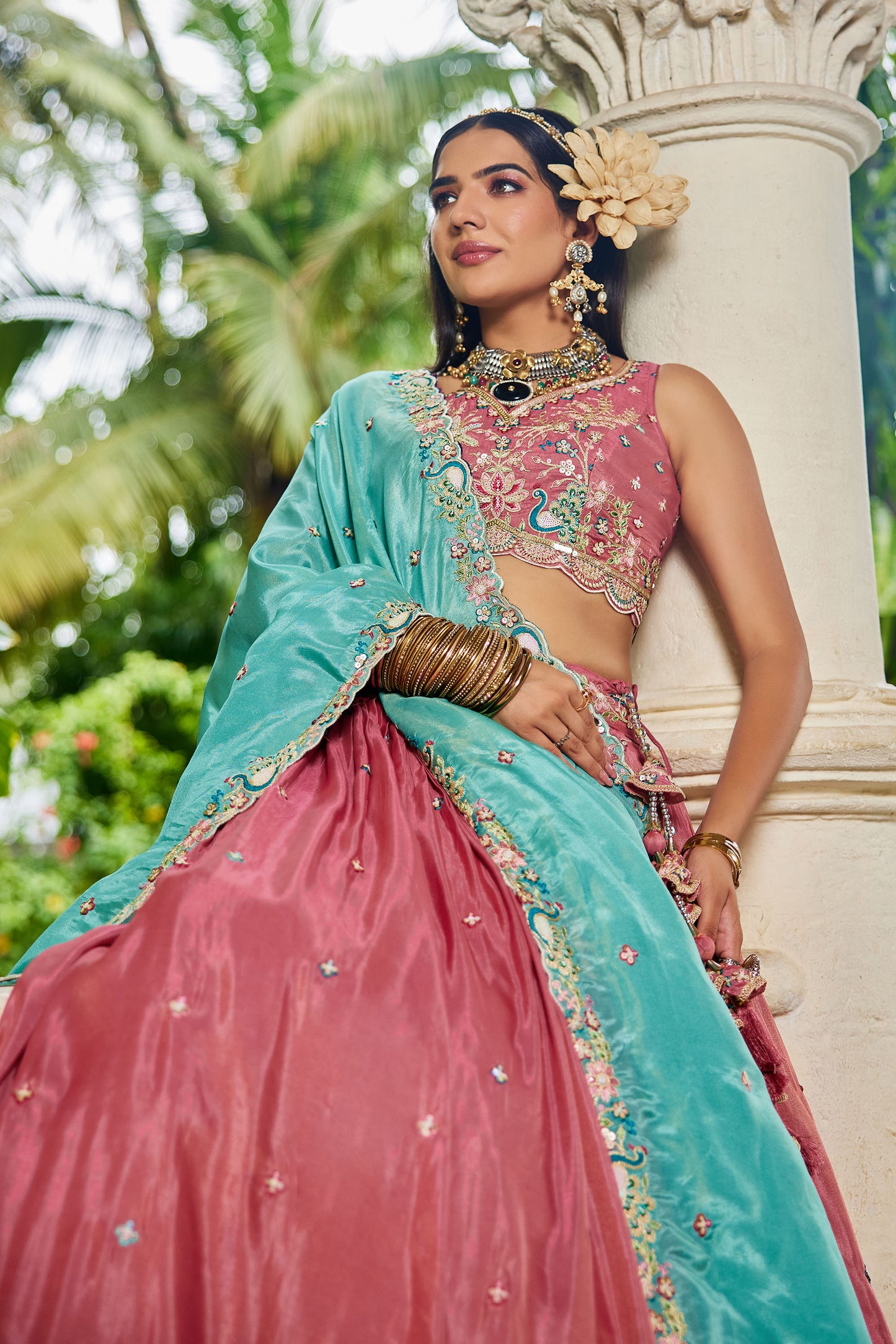 Pink colour Satin Sequins embroidery Lehenga choli & Dupatta