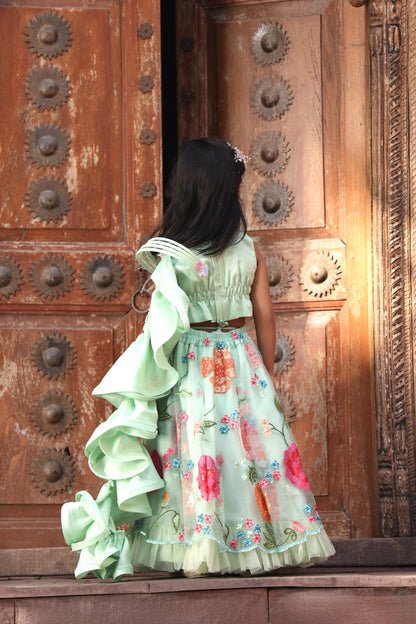 Pista Green Embroidered Crop Top Skirt