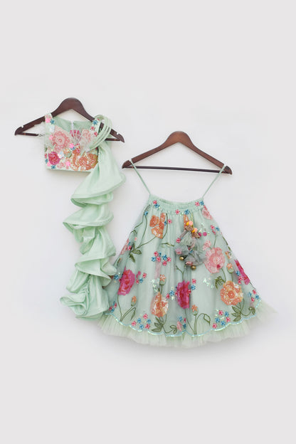 Pista Green Embroidered Crop Top Skirt