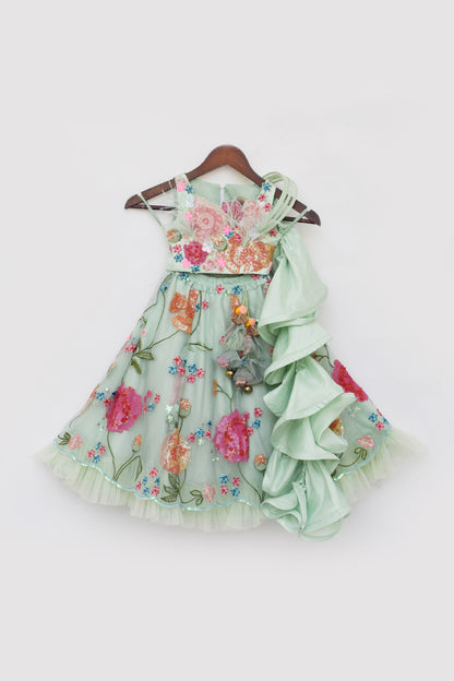 Pista Green Embroidered Crop Top Skirt