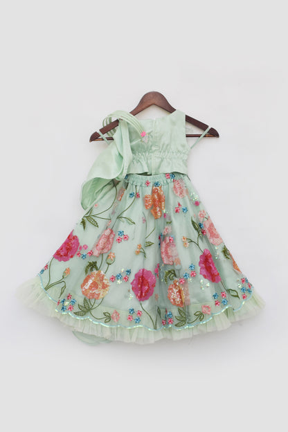 Pista Green Embroidered Crop Top Skirt