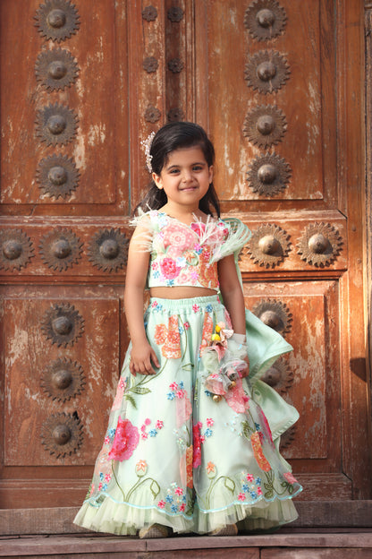 Pista Green Embroidered Crop Top Skirt