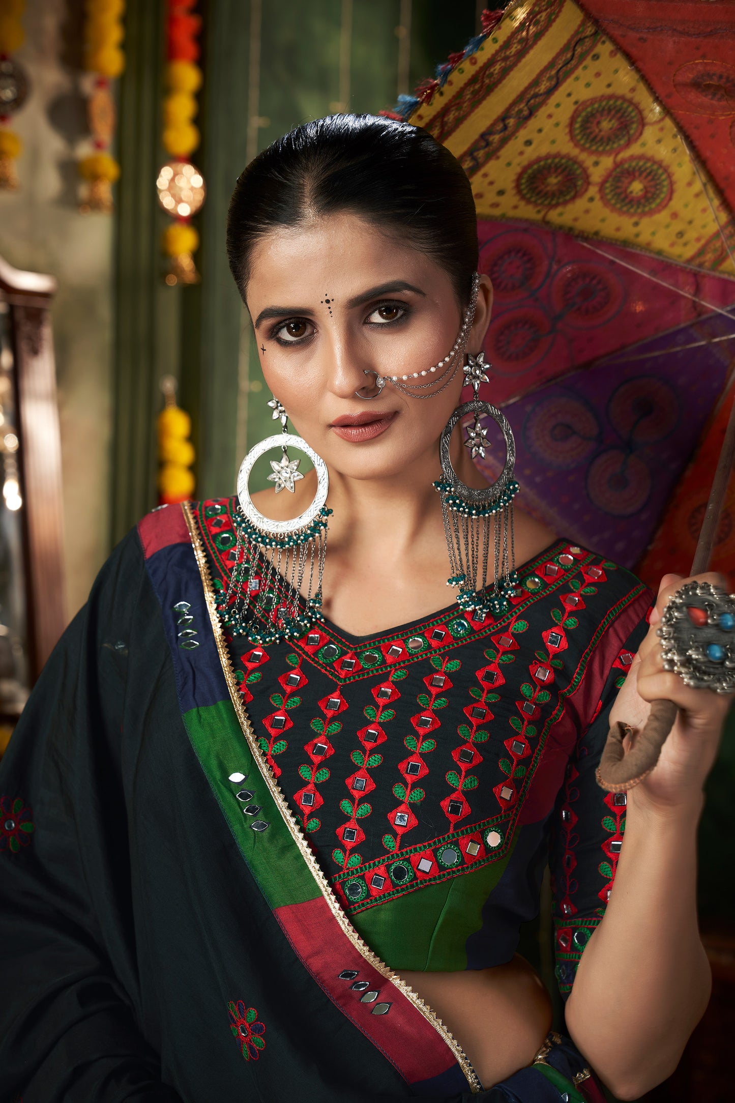 Dark green Multi color Muslin Cotton Mirror work Navratri Lehenga