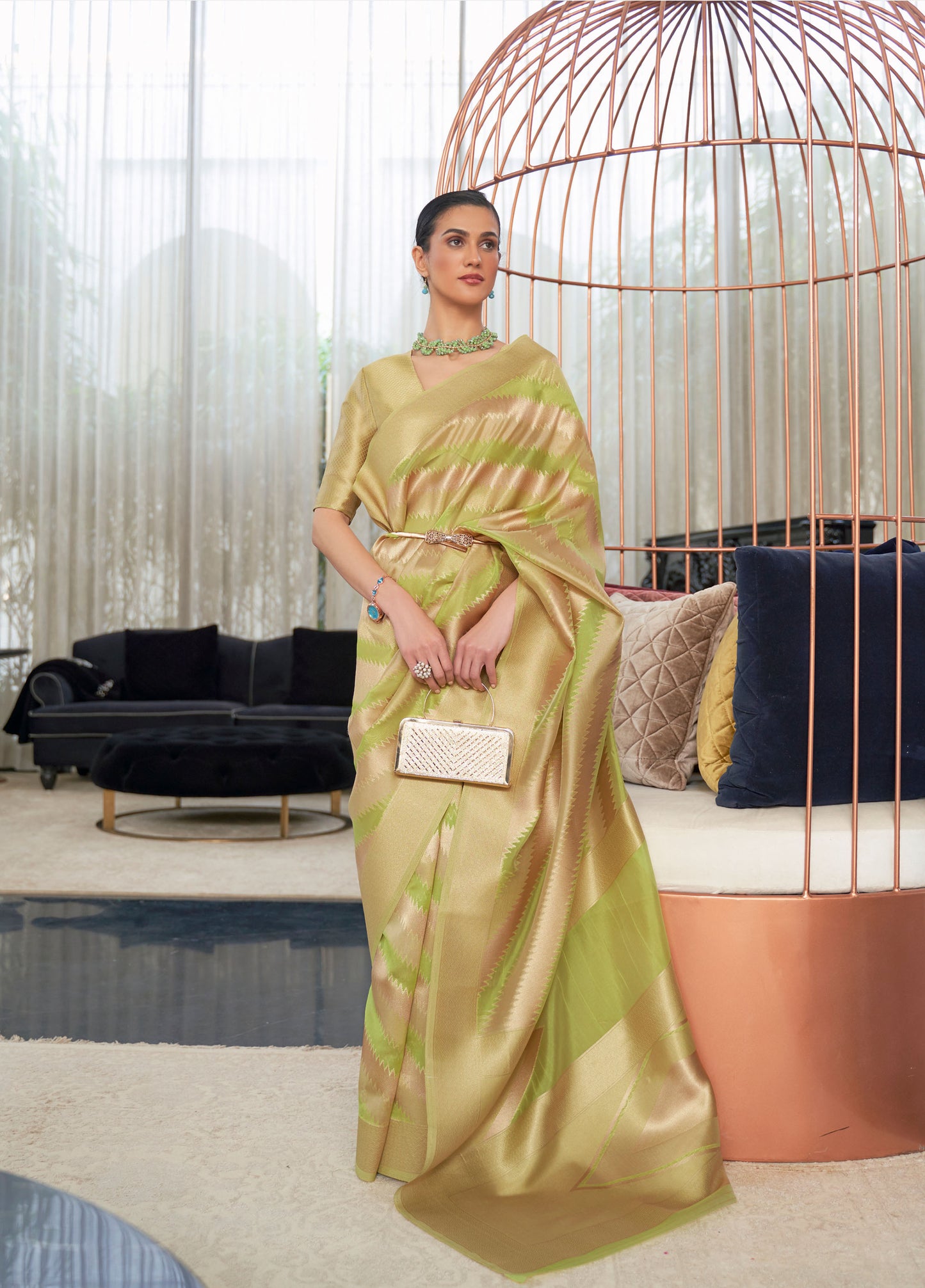 Olive Green Kelena Organza Lehriya Handloom Saree