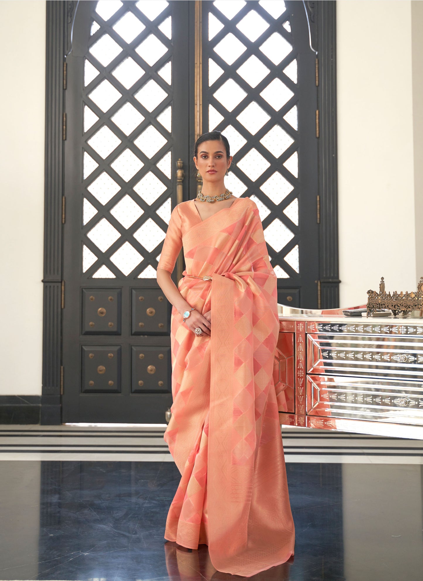 Peach Kelena Organza Lehriya Handloom Saree