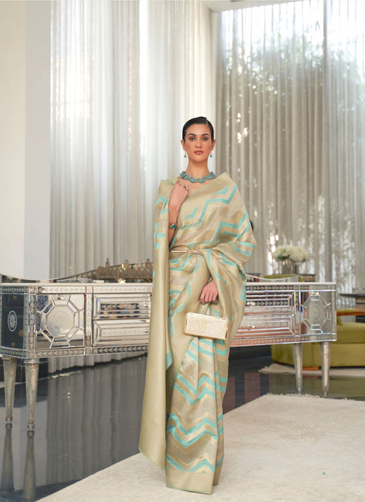 Light Beige Kelena Organza Lehriya Handloom Saree