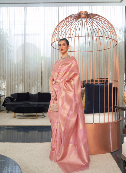Pink Kelena Organza Lehriya Handloom Saree