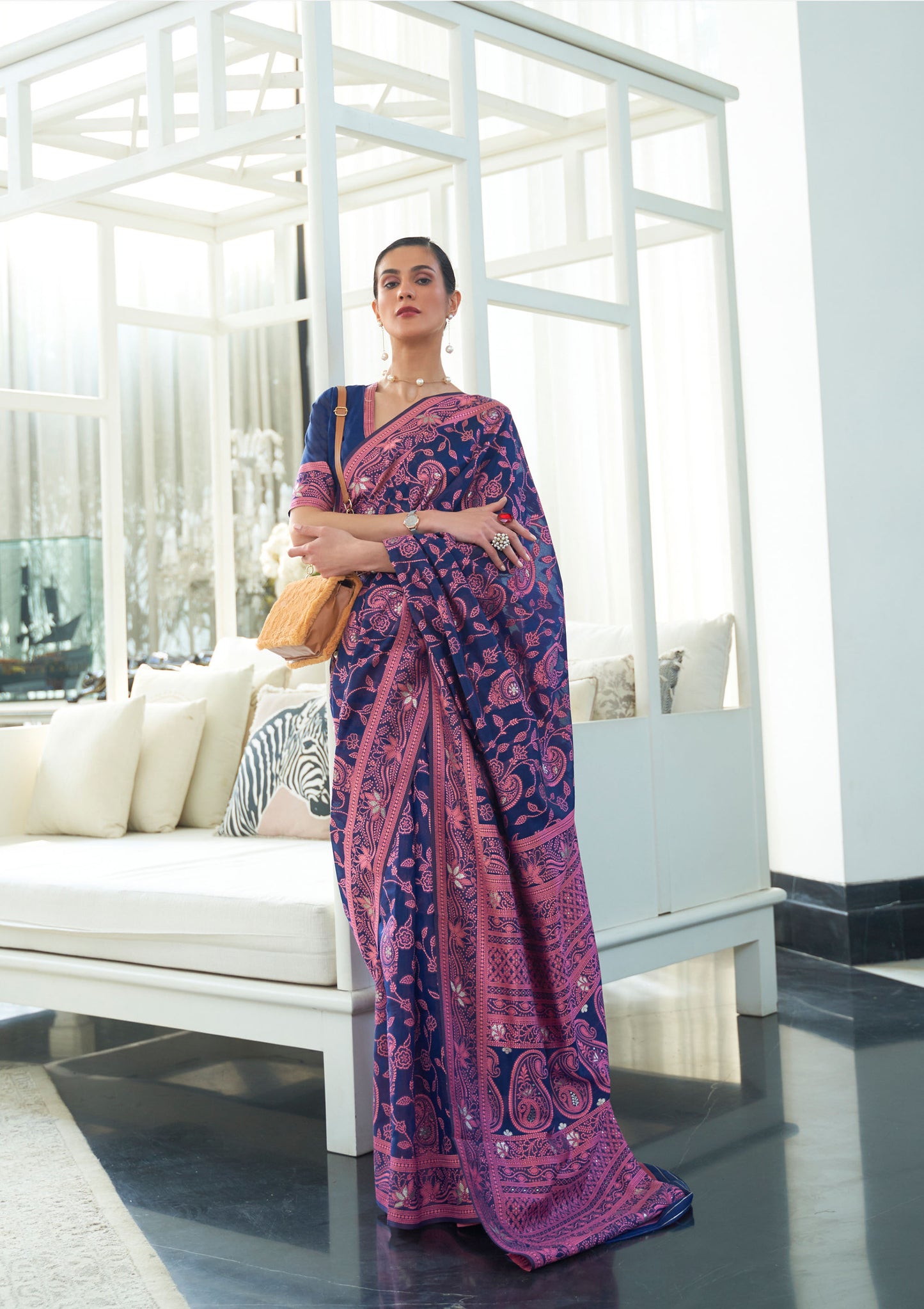 Navy Blue Kashidha Lucknowi Chikankari woven saree