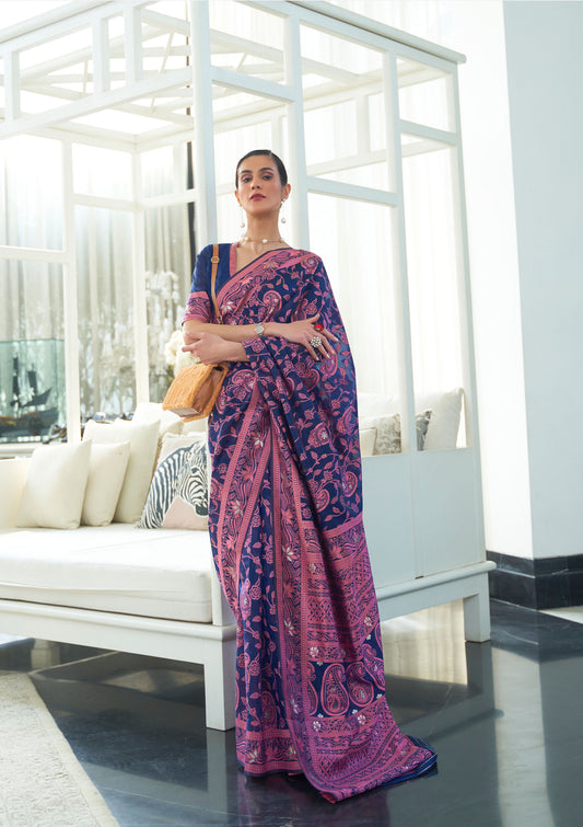 Navy Blue Kashidha Lucknowi Chikankari woven saree