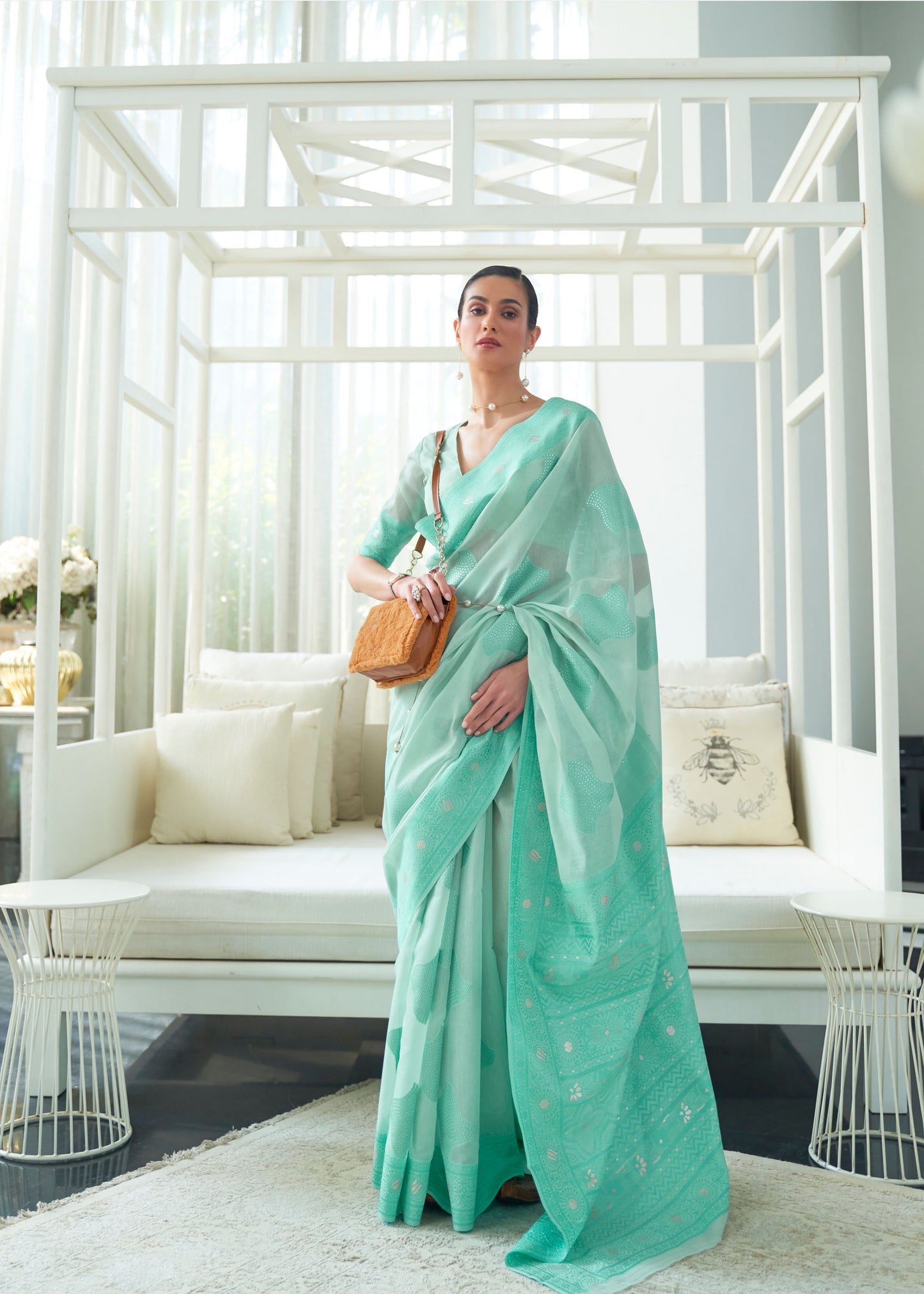 Turquoise Kashidha Lucknowi Chikankari woven saree