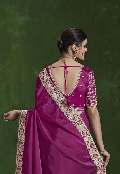 Pink Habotai Silk Sequins Hand Work Saree