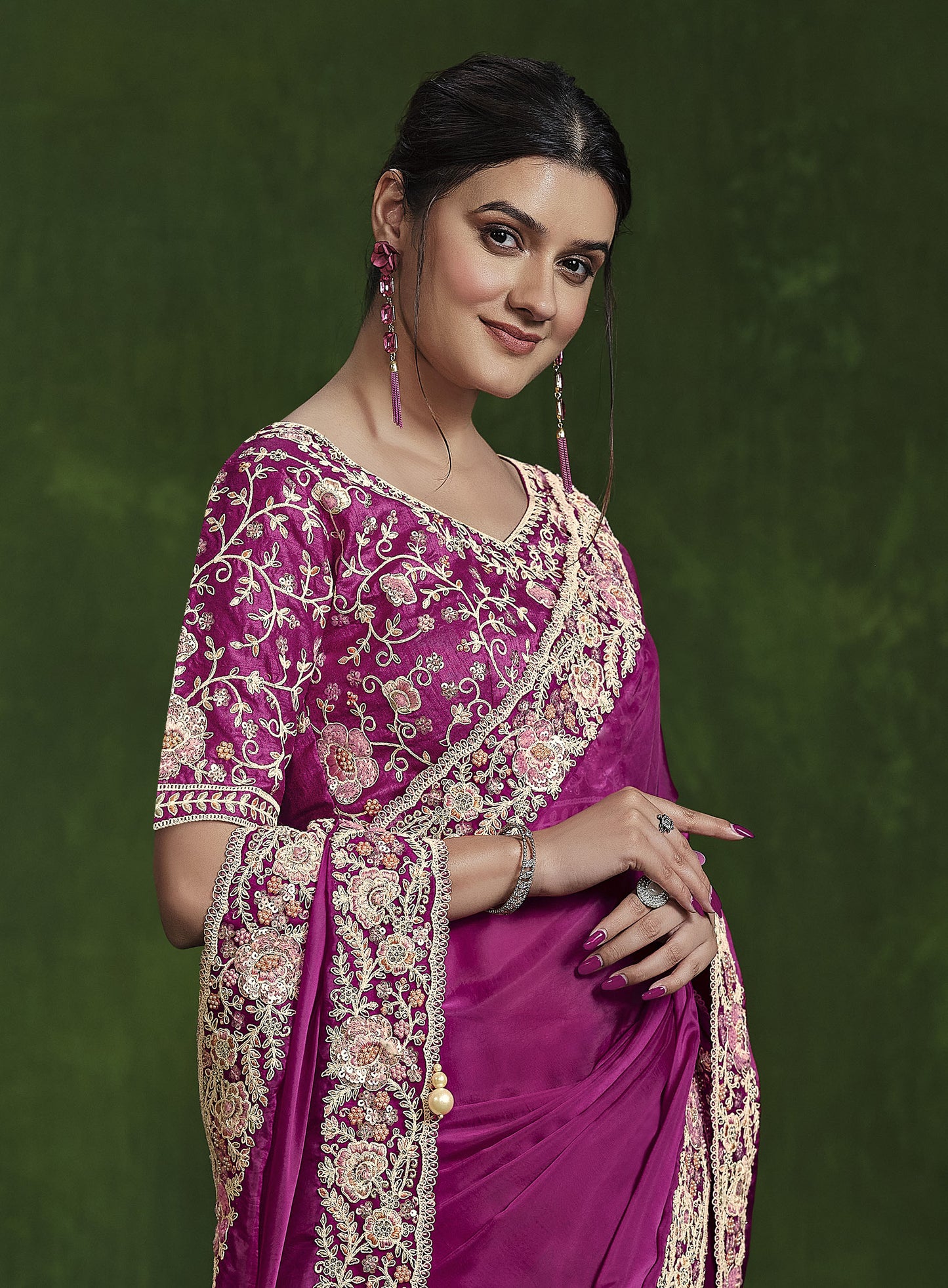 Pink Habotai Silk Sequins Hand Work Saree