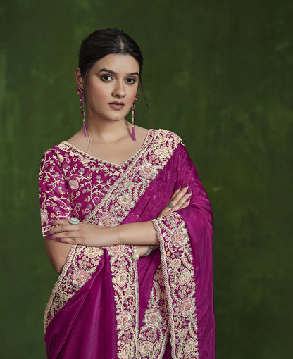 Pink Habotai Silk Sequins Hand Work Saree