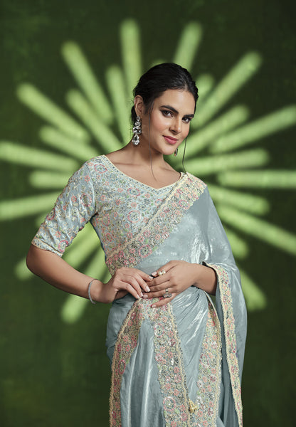 Grey 2 Tone Satin Silk  Sequins Hand Work Saree