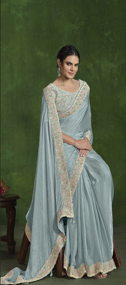 Grey 2 Tone Satin Silk  Sequins Hand Work Saree