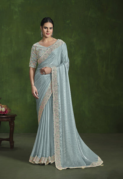 Grey 2 Tone Satin Silk  Sequins Hand Work Saree