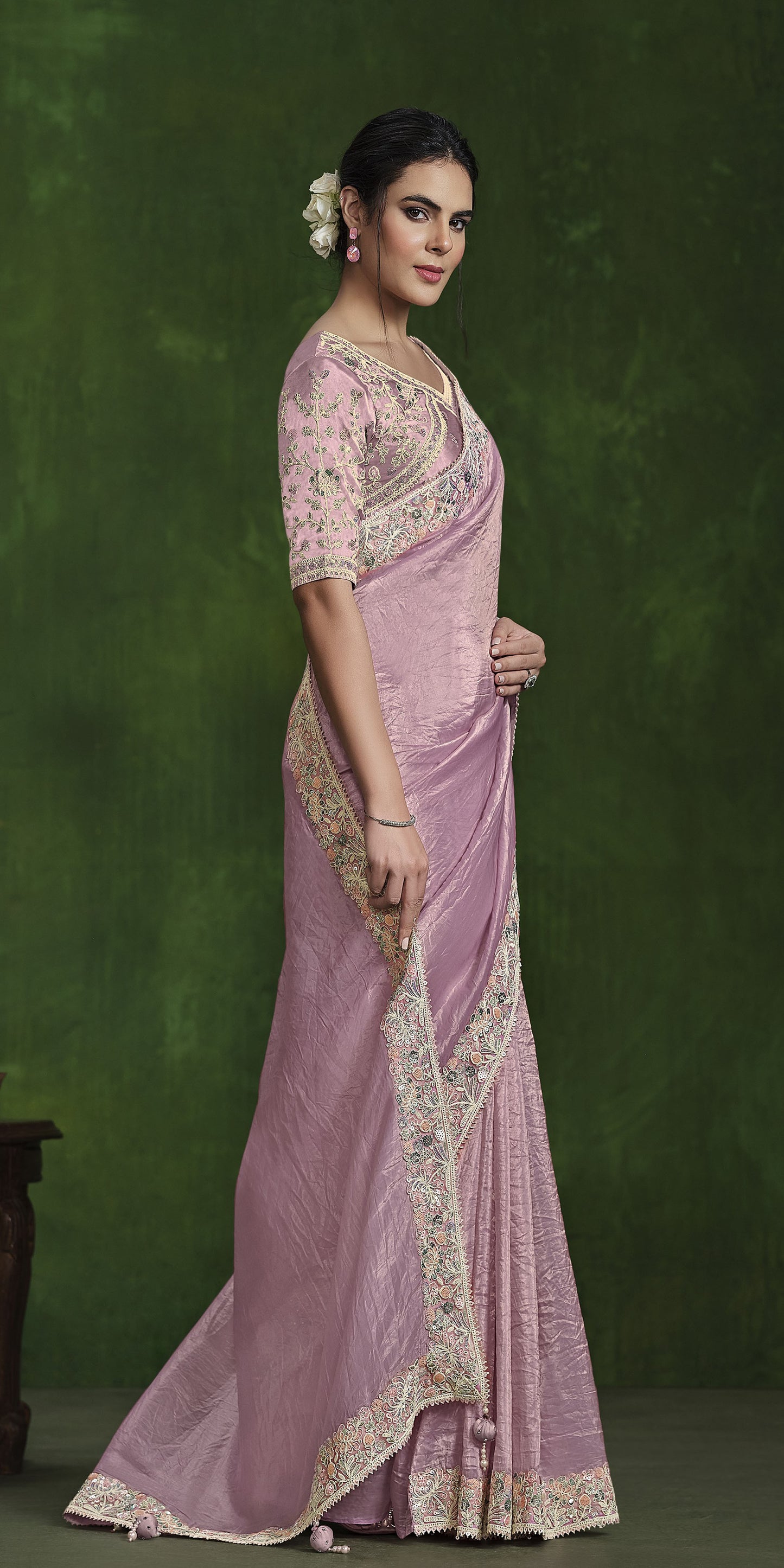 Light Pink Crush Paper Silk Sequins Hand Work Saree