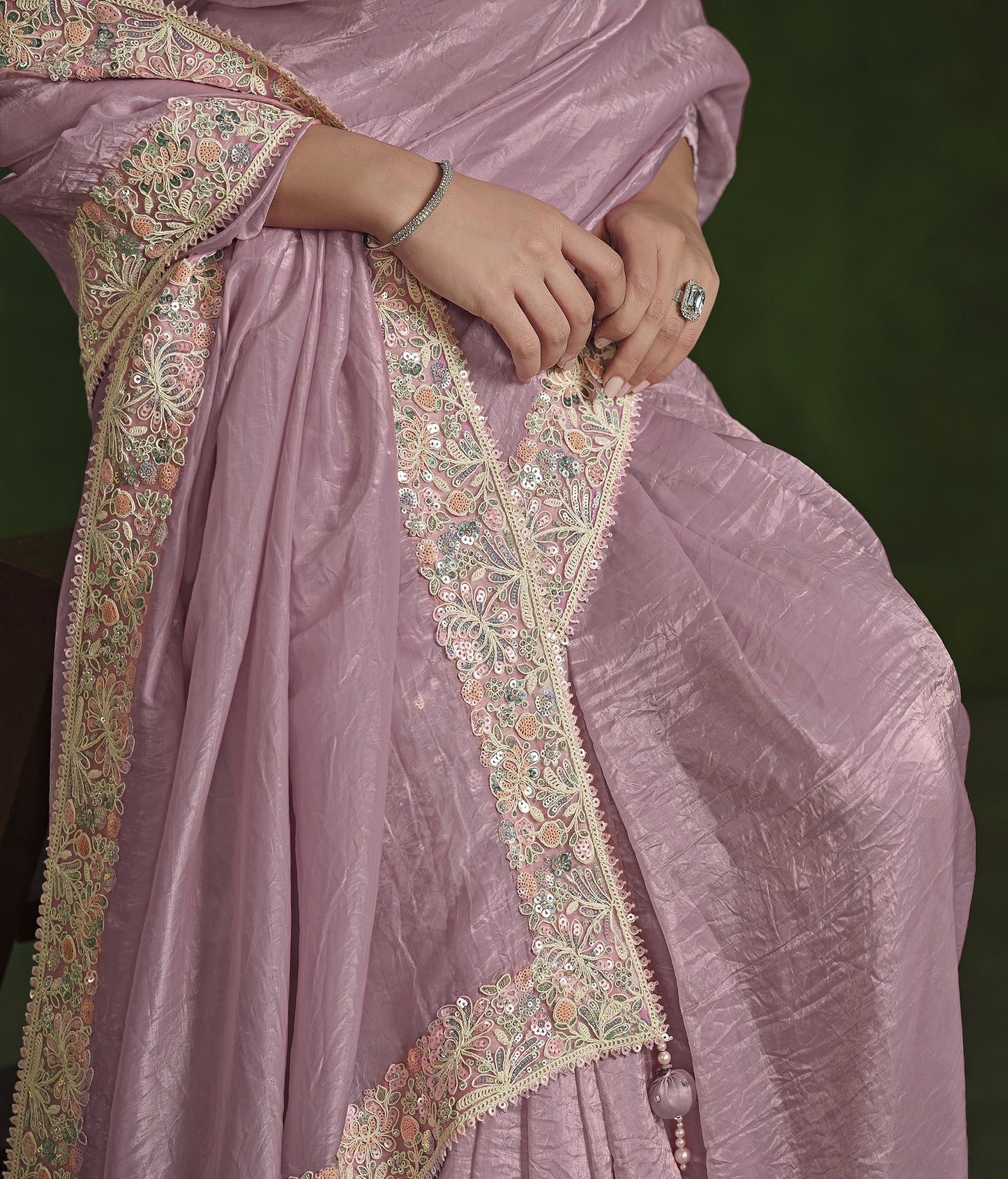 Light Pink Crush Paper Silk Sequins Hand Work Saree