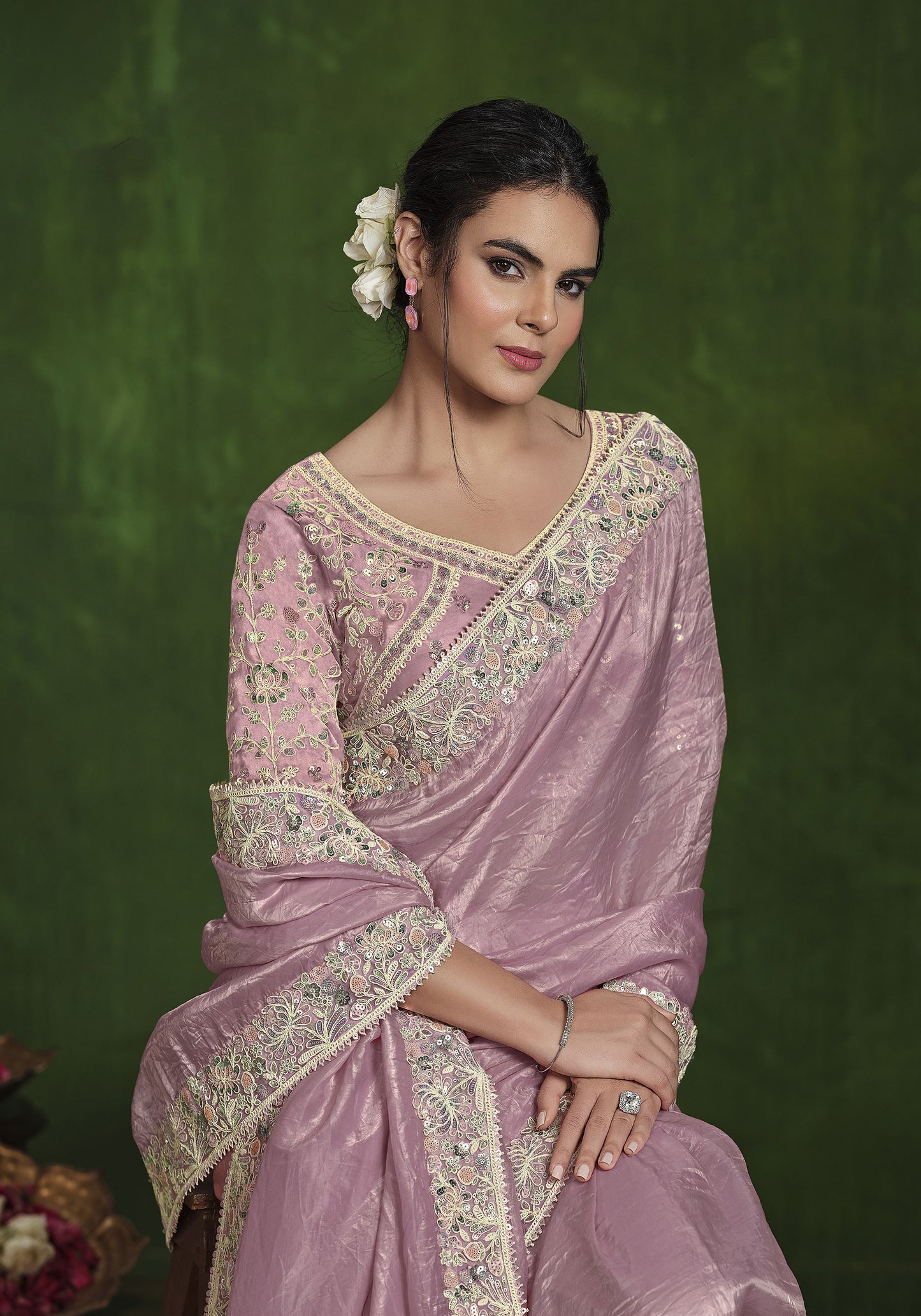 Light Pink Crush Paper Silk Sequins Hand Work Saree