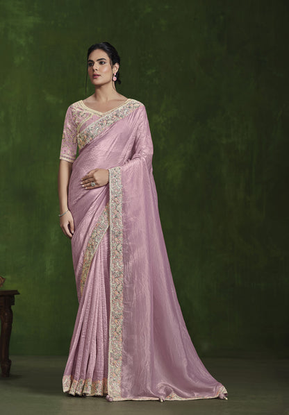 Light Pink Crush Paper Silk Sequins Hand Work Saree