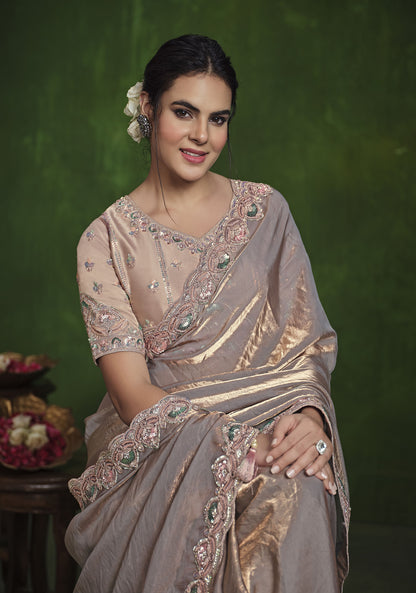 Grey & Peach 2 Tone Satin Silk  Sequins & Diamond Work Saree