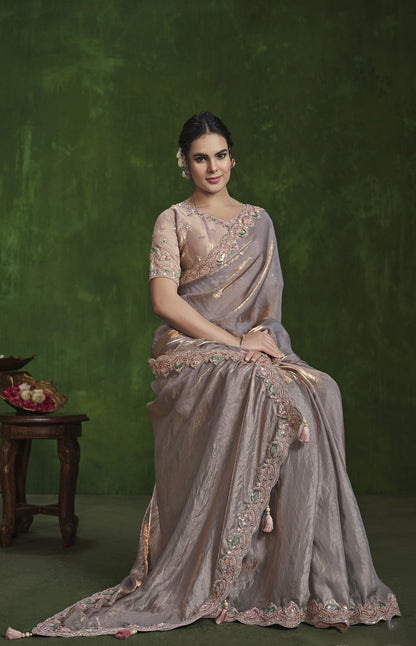 Grey & Peach 2 Tone Satin Silk  Sequins & Diamond Work Saree