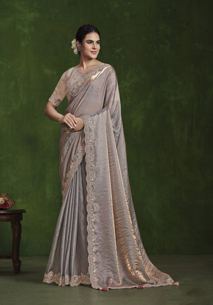 Grey & Peach 2 Tone Satin Silk  Sequins & Diamond Work Saree