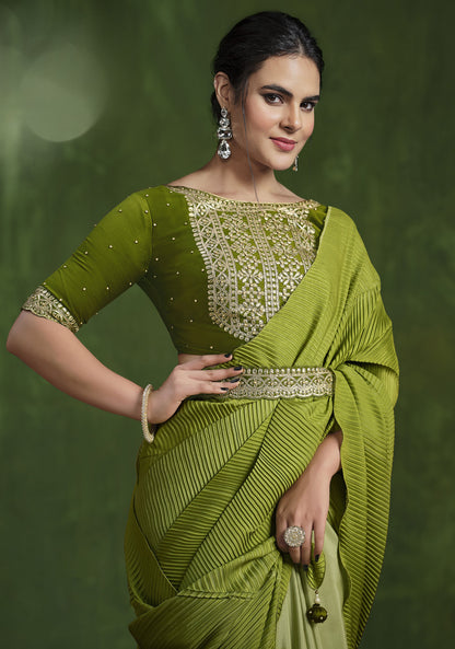 Olive Green Crepe Silk Georgette Zari & Stone Work Saree