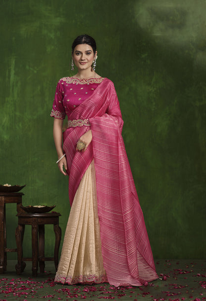Pink & Beige Banarasi Crush Silk Sequins, Thread Work Saree