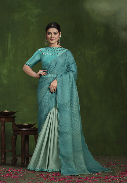 Teal Blue Crepe Silk Georgette Mirror Thread Work Saree