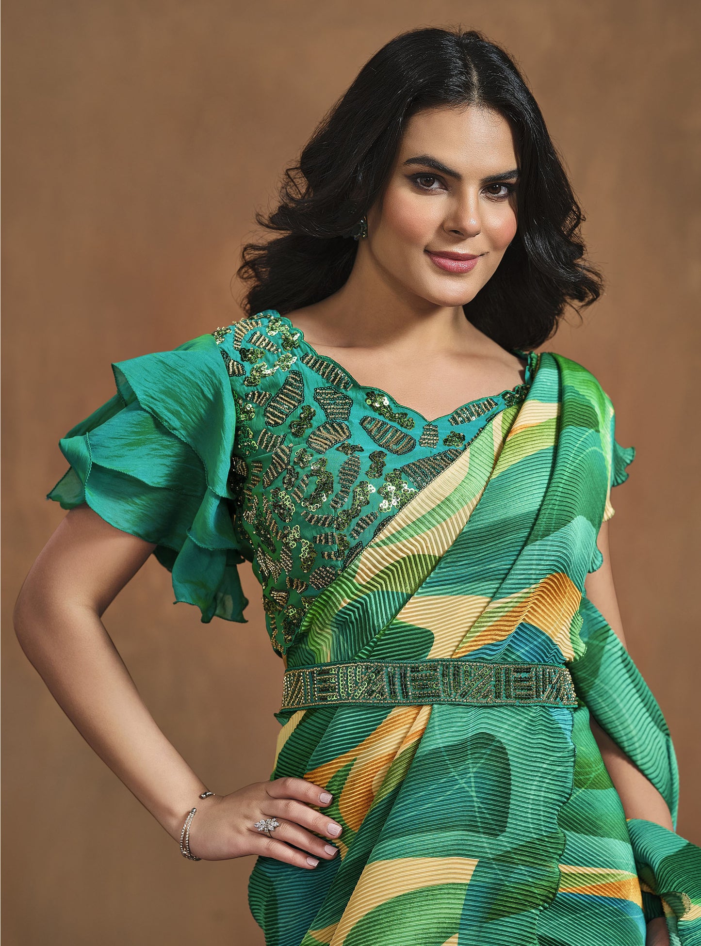 Green Satin Silk Readymade Digital Printed Saree