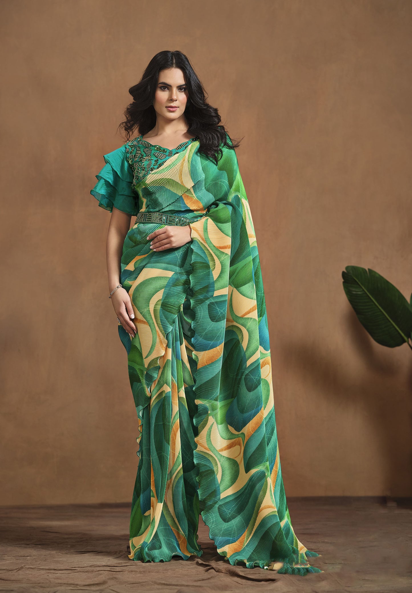 Green Satin Silk Readymade Digital Printed Saree