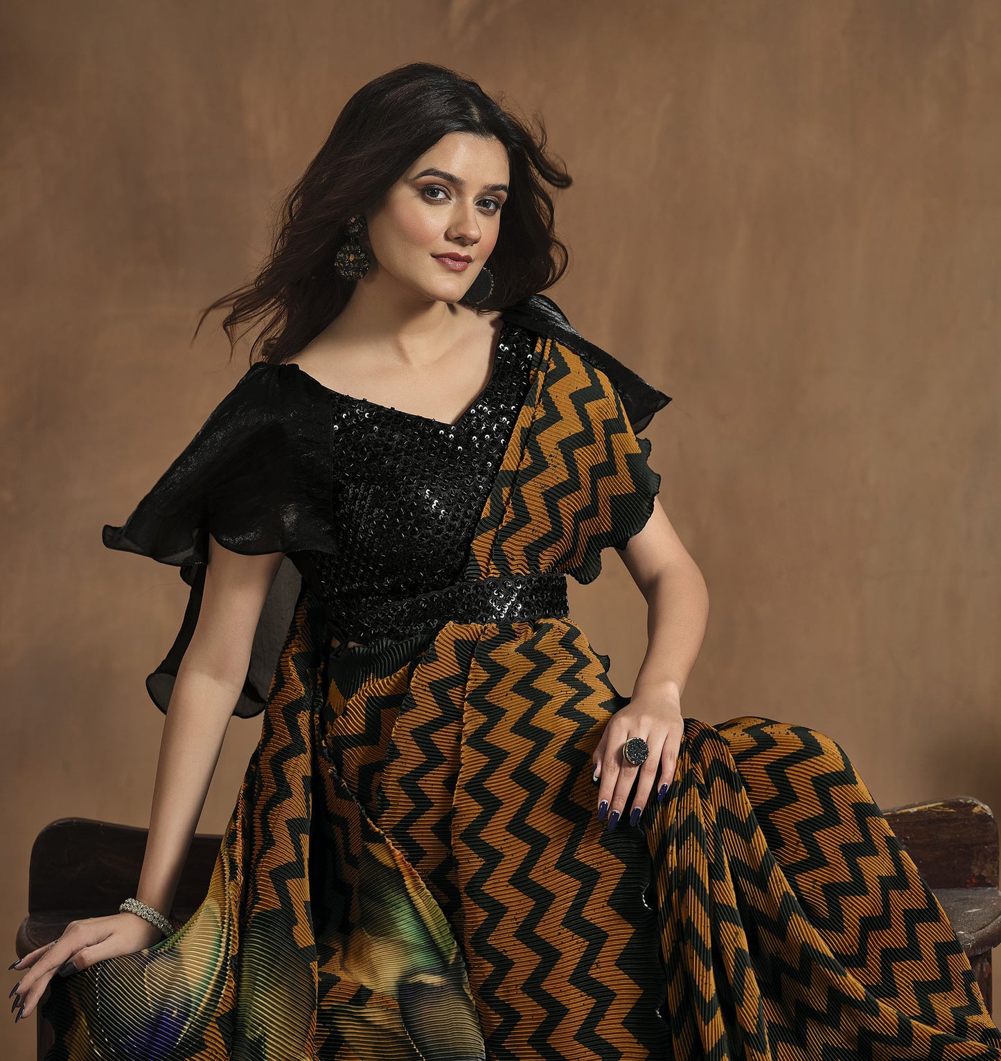 Orange & Black Satin Silk Readymade Digital Printed Saree