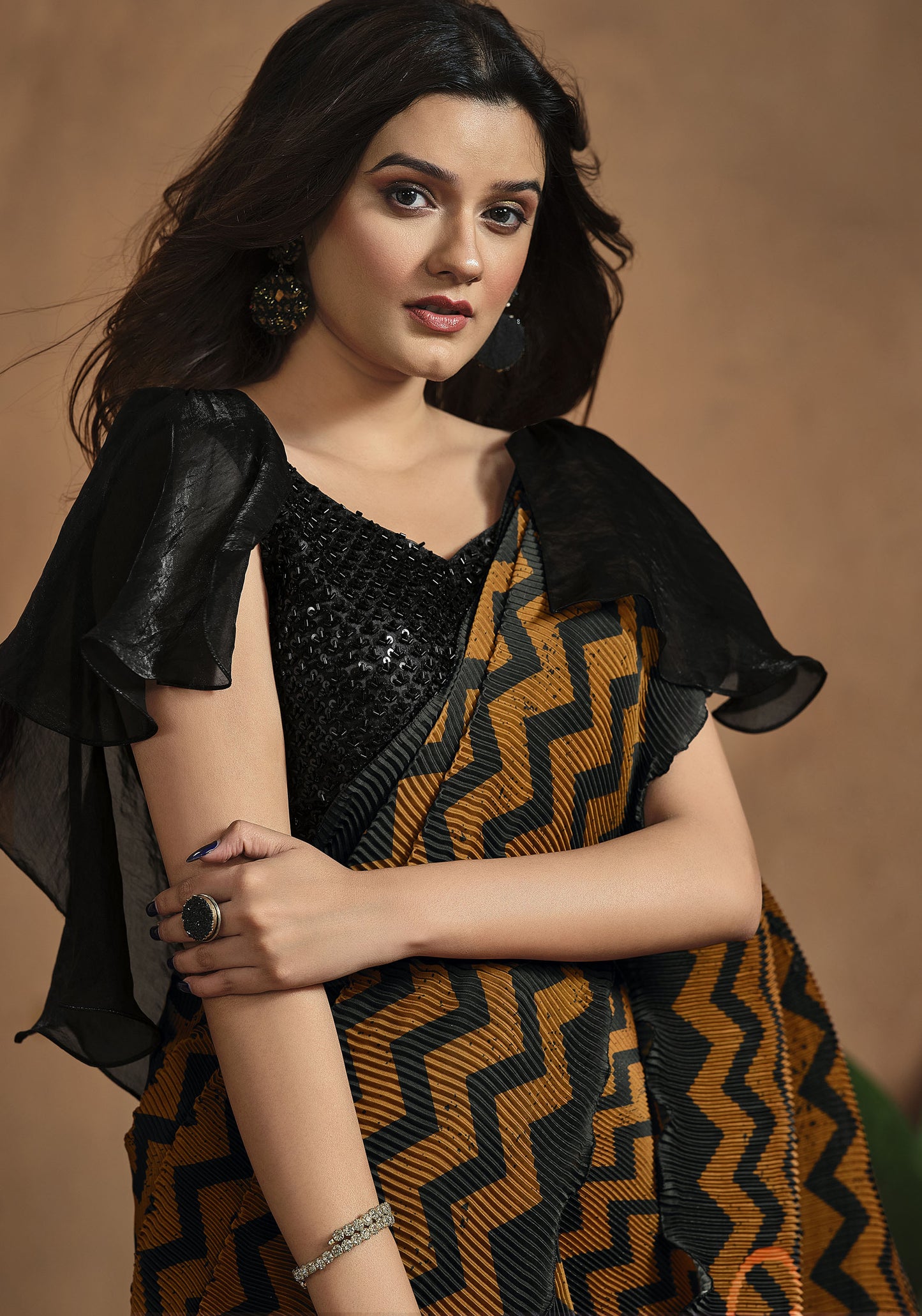 Orange & Black Satin Silk Readymade Digital Printed Saree