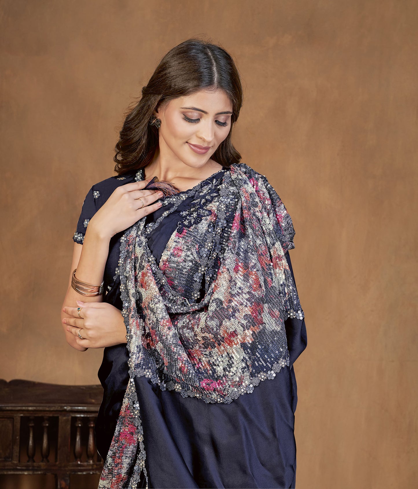 Navy Blue Satin Crepe Silk Readymade Digital Sequins Work Saree