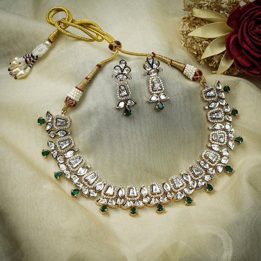 Zevar Club 22K Gold-Plated White Kundan & Emerald Green Studded Cubic Zirconia Accents Bridal Statement Necklace Set
