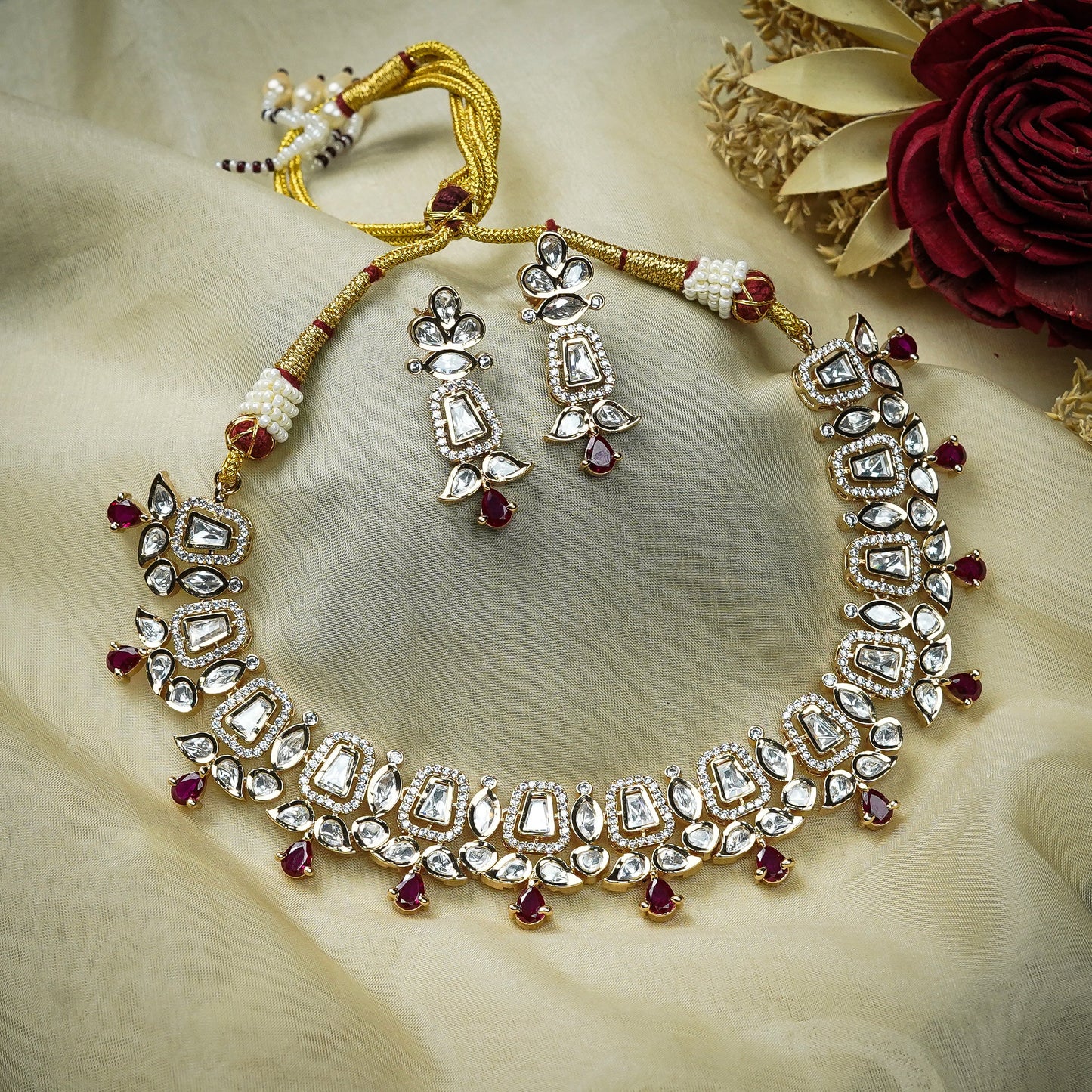 Zevar Club 22K Gold-Plated White Kundan & Ruby Pink Stone Studded Cubic Zirconia Accents Bridal Statement Necklace Set