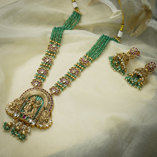 Zevar Club 22K Gold-Plated Ruby White Kundan Studded Green Beaded Krishna Radha Temple Set