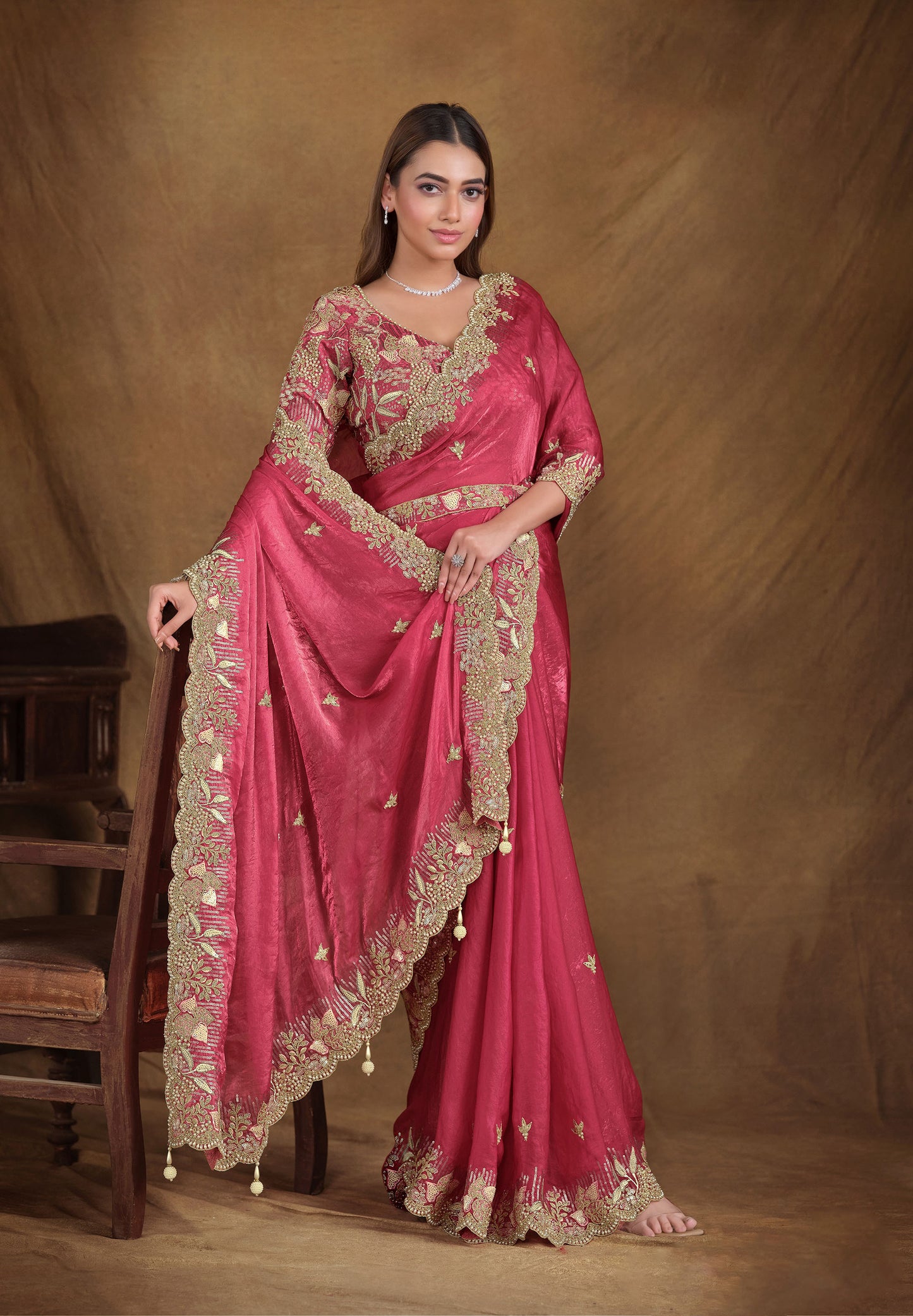 Dark Pink Two Tone Satin Silk Hand and Pearl work Party Wear Saree