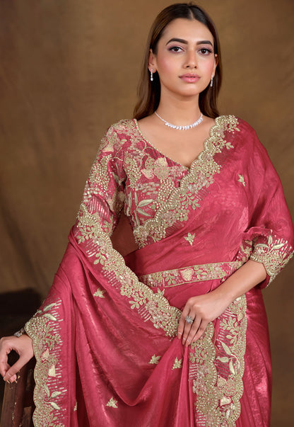 Dark Pink Two Tone Satin Silk Hand and Pearl work Party Wear Saree
