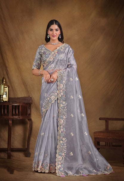 Grey Organza Silk Hand and Pearl work Party Wear Saree