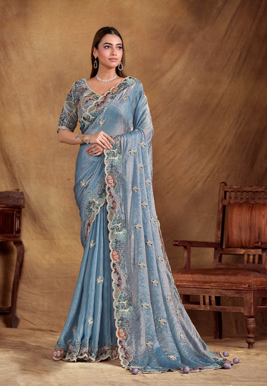 Pastel Blue Two Tone Satin Silk Hand and Pearl work Party Wear Saree