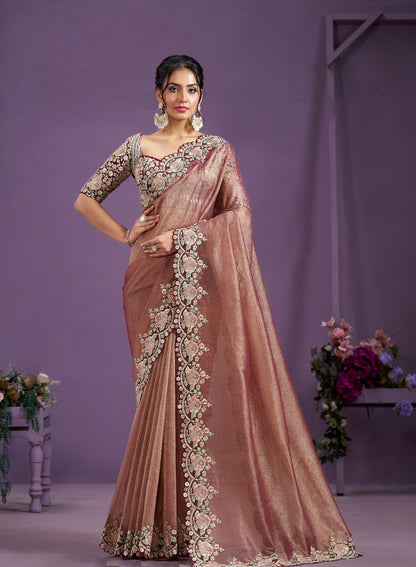 Brown Two Tone Satin Silk Sequence with Moti Work Saree