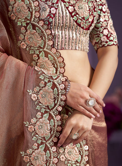 Brown Two Tone Satin Silk Sequence with Moti Work Saree