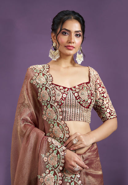 Brown Two Tone Satin Silk Sequence with Moti Work Saree