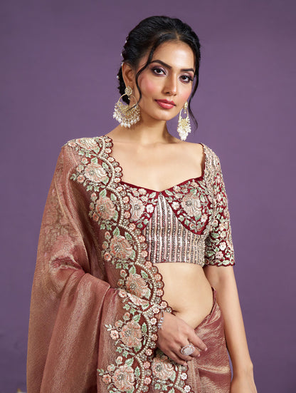 Brown Two Tone Satin Silk Sequence with Moti Work Saree