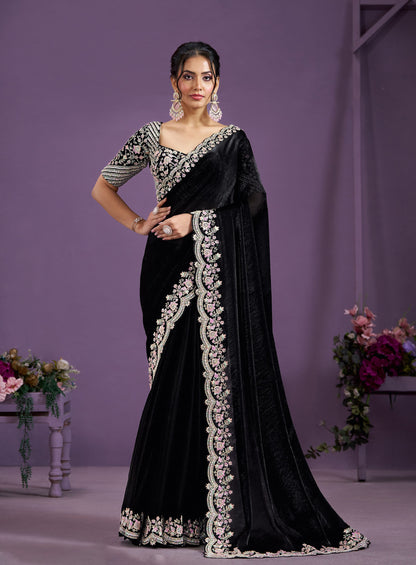 Black Two Tone Satin Silk Sequins with Hand Work Saree