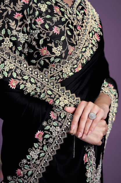 Black Satin Silk Mirror & Moti Work Party Wear Saree